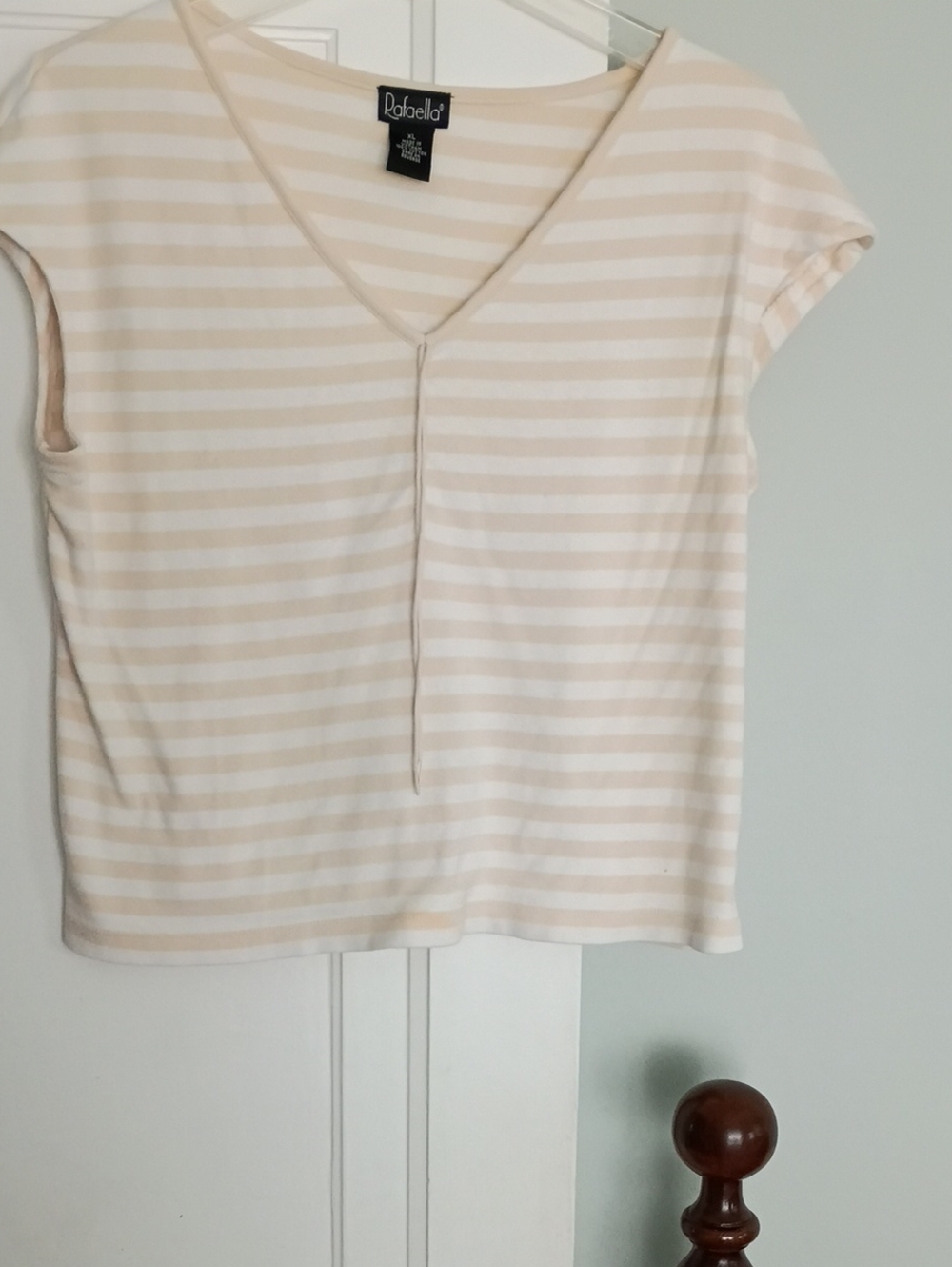 Rafaella Beige and White Striped V-Neck Short Sleeve Top
